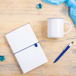 Набор подарочный FINELINE: кружка, блокнот, ручка, коробка, стружка, белый с синим (темно-синий, белый)
