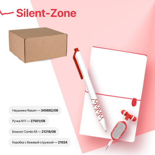 Набор подарочный SILENT-ZONE: бизнес-блокнот, ручка, наушники, коробка, стружка, бело-красный (белый, красный)