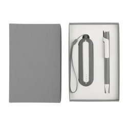 Набор: универсальное зарядное устройство(2000 mAh) и ручка в подарочной коробке, серый