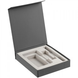 Коробка для аккумулятора 5000 мАч, флешки и ручки, 17,5х15,5х3,3 см, переплетный картон,  серая